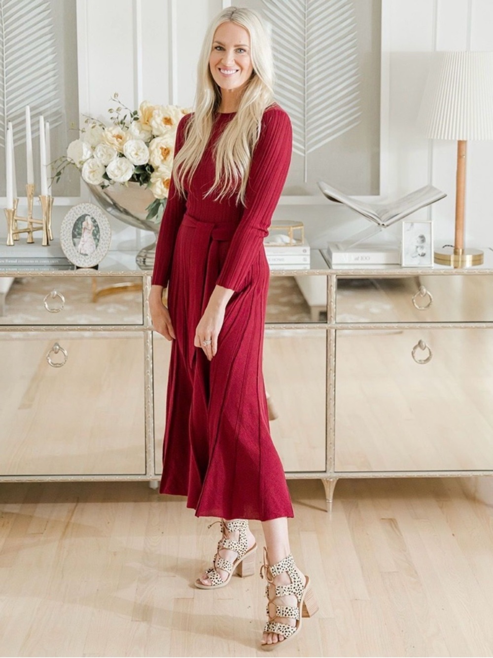 Teri Jon Burgundy Ribbed Tie-Neck Maxi Dress